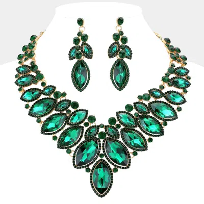 Fashnzfab Marquise Stone Cluster Embellished Evening Necklace 15" L + 3" L In Green
