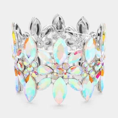 Fashnzfab Marquise Stone Cluster Embellished Flower Stretch Evening Bracelet Ab, Rhodium In Green
