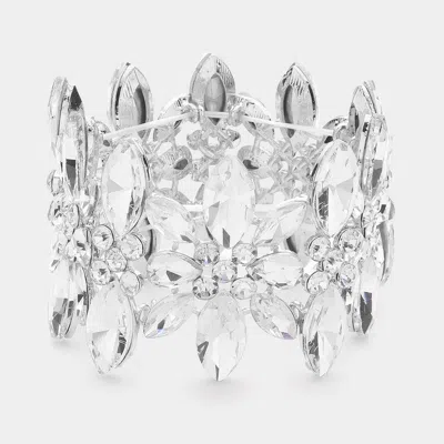 Fashnzfab Marquise Stone Cluster Embellished Flower Stretch Evening Bracelet Clear, Rhodium In Silver