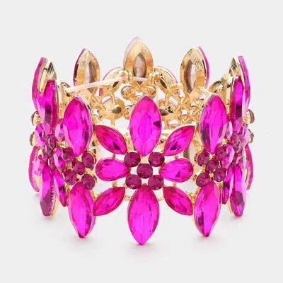 Fashnzfab Marquise Stone Cluster Embellished Flower Stretch Evening Bracelet Fuchsia, Gold In Multi