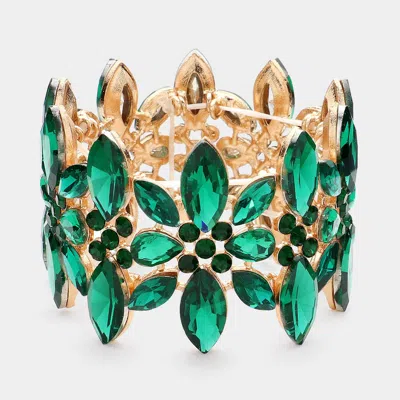 Fashnzfab Marquise Stone Cluster Embellished Flower Stretch Evening Bracelet Gold, Green In Multi