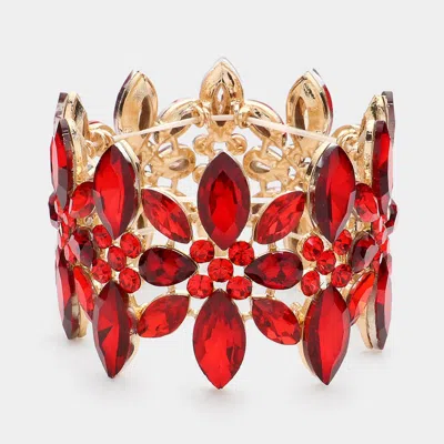 Fashnzfab Marquise Stone Cluster Embellished Flower Stretch Evening Bracelet Gold, Red In Multi