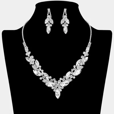 Fashnzfab Marquise Stone Cluster Embellished Necklace In Silver