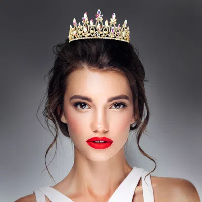 Fashnzfab Marquise Stone Cluster Embellished Rhinestone Paved Crown Princess Tiara In Gold