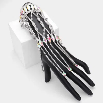 Fashnzfab Marquise Stone Cluster Embellished Rhinestone Paved Hand Chain Evening Bracelet Ab, Silver In Multi
