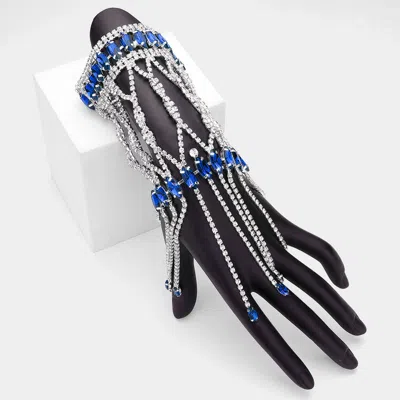 Fashnzfab Marquise Stone Cluster Embellished Rhinestone Paved Hand Chain Evening Bracelet Sapphire, Silver In Metallic