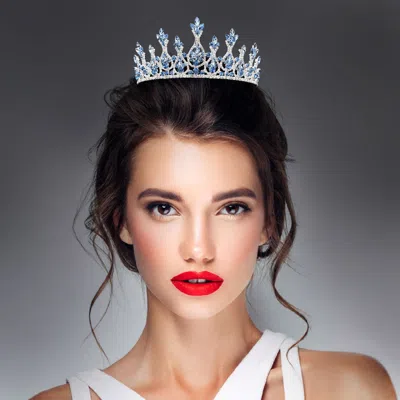 Fashnzfab Marquise Stone Cluster Embellished Royal Crown Princess Tiara In Blue