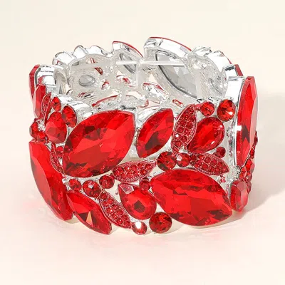 Fashnzfab Marquise Stone Cluster Embellished Stretch Bracelet Red, Silver