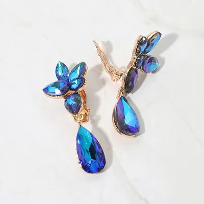 Fashnzfab Marquise Stone Cluster Floral Teardrop Link Evening Clip On Earrings In Blue