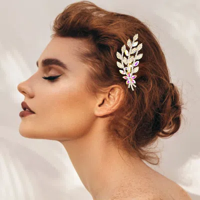 Fashnzfab Marquise Stone Cluster Flower Pointed Rhinestone Paved Leaves Hair Comb In Metallic