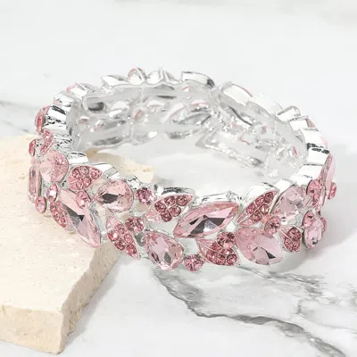 Fashnzfab Marquise Stone Cluster Leaf Motif Design Stretch Evening Bracelet In Pink