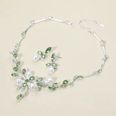 Fashnzfab Marquise Stone Cluster Pearl Embellished Leaf Branch Necklace In Green