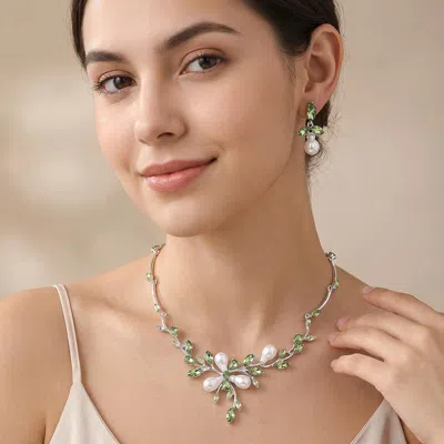 Fashnzfab Marquise Stone Cluster Pearl Embellished Leaf Branch Necklace In Green