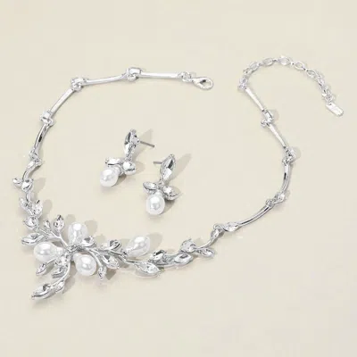 Fashnzfab Marquise Stone Cluster Pearl Embellished Leaf Branch Necklace In Metallic