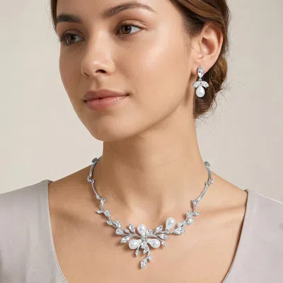 Fashnzfab Marquise Stone Cluster Pearl Embellished Leaf Branch Necklace In Sand