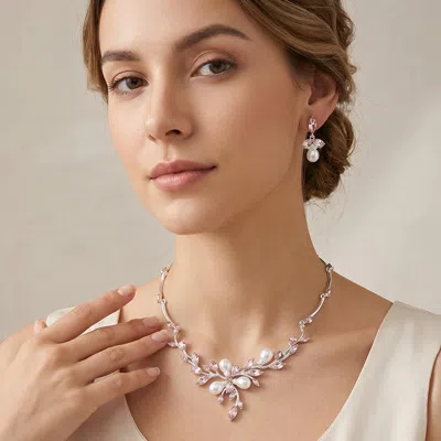 Fashnzfab Marquise Stone Cluster Pearl Embellished Leaf Branch Necklace In Silver