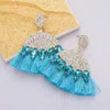Fashnzfab Marquise Stone Cluster Pointed Rhinestone Paved Tassel Dangle Earrings - Blue In Blue