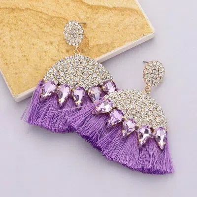 Fashnzfab Marquise Stone Cluster Pointed Rhinestone Paved Tassel Dangle Earrings In Purple