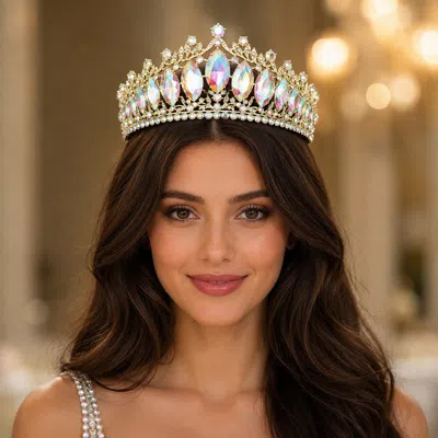 Fashnzfab Marquise Stone Cluster Queen Tiara In Gold