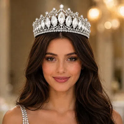 Fashnzfab Marquise Stone Cluster Queen Tiara In Silver