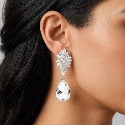 Fashnzfab Marquise Stone Cluster Teardrop Dangle Evening Earrings In Silver