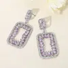 Fashnzfab Marquise Stone Embellished Open Rectangle Frame Dangle Evening Earrings - Purple, Silver In Purple