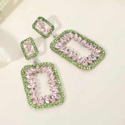 Fashnzfab Marquise Stone Embellished Open Rectangle Frame Dangle Evening Earrings In Green