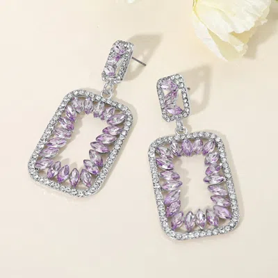 Fashnzfab Marquise Stone Embellished Open Rectangle Frame Dangle Evening Earrings - Purple, Silver