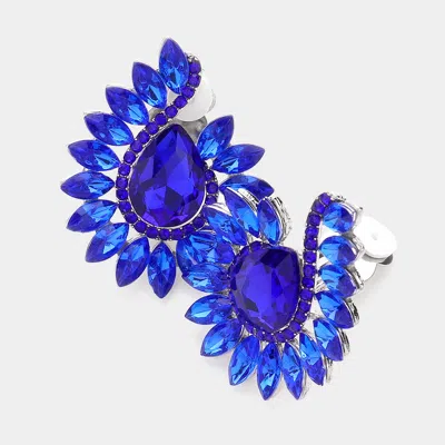 Fashnzfab Marquise Stone Embellished Teardrop Stone Pointed Clip On Earrings - Rhodium, Royal Blue