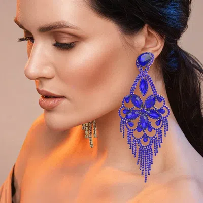 Fashnzfab Marquise Stone Flower Accented Chandelier Evening Earrings In Purple