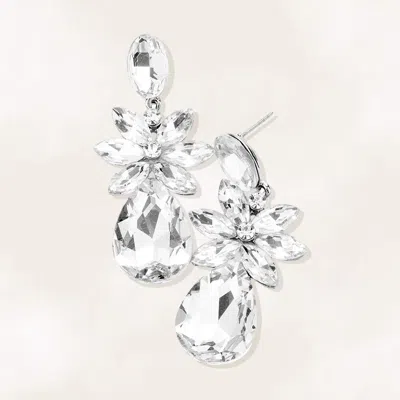 Fashnzfab Marquise Stone Flower Teardrop Dangle Evening Earrings In Silver
