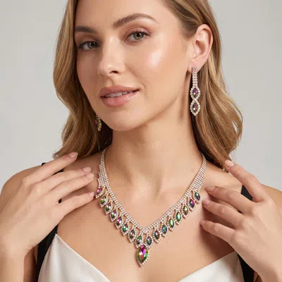 Fashnzfab Marquise Stone Fringe Rhinestone Paved Necklace In Metallic