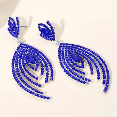 Fashnzfab Marquise Stone Pointed Rhinestone Paved Peacock Chandelier Dangle Evening Earrings - Sapphire, Silve In Blue