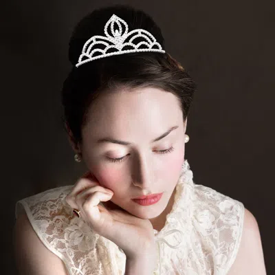 Fashnzfab Marquise Stone Pointed Rhinestone Paved Princess Tiara In Silver