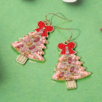 Fashnzfab Marquise Stone Seed Bead Bow Detailed Christmas Tree Dangle Earrings - Gold, Pink