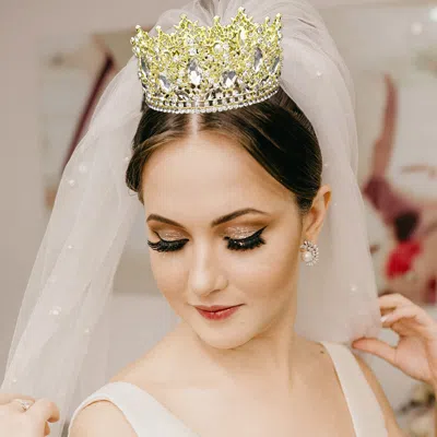 Fashnzfab Marquise Teardrop Stone Accented Leaf Detail Queen Tiara In Silver