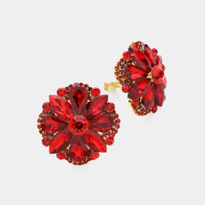 Fashnzfab Marquise Teardrop Stone Cluster Embellished Flower Clip On Earrings In Red