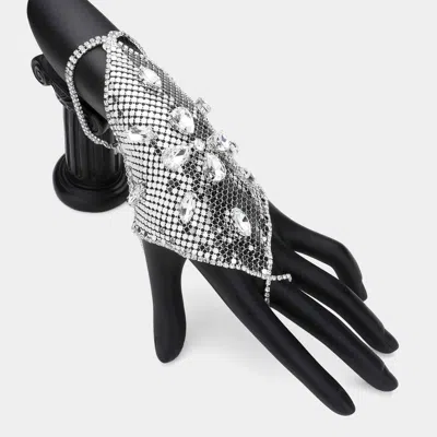 Fashnzfab Marquise Teardrop Stone Cluster Embellished Mesh Hand Chain Evening Bracelet Silver