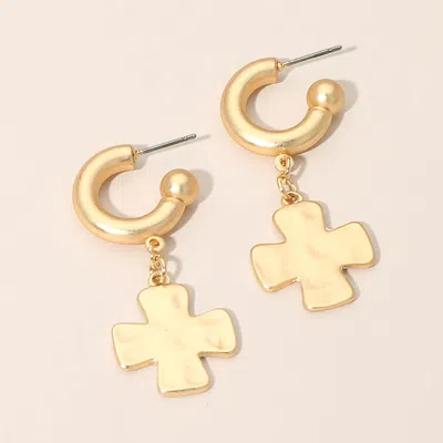 Fashnzfab Matte Hammered Metal Cross Charm Drop Mini Hoop Earrings In Gold