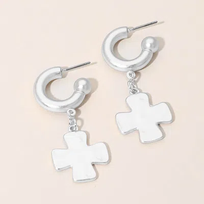 Fashnzfab Matte Hammered Metal Cross Charm Drop Mini Hoop Earrings In Silver