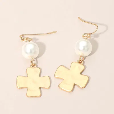 Fashnzfab Matte Hammered Metal Cross Pearl Link Drop Earrings In Gold