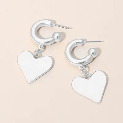 Fashnzfab Matte Hammered Metal Heart Charm Drop Mini Hoop Earrings In Silver