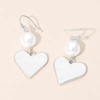 Fashnzfab Matte Hammered Metal Heart Pearl Link Drop Earrings In Silver
