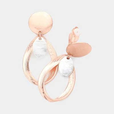 Fashnzfab Matte Metal Open Oval Dangle Clip On Earrings - Matte Rose Gold In Multi