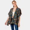 Fashnzfab Medieval Floral Tiles Printed Cover Up Kimono Poncho In Black