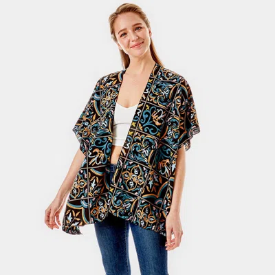 Fashnzfab Medieval Floral Tiles Printed Cover Up Kimono Poncho In Black