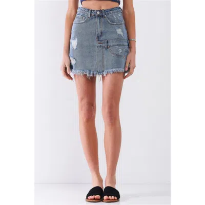 Fashnzfab Medium Blue Denim High-waist Distressed Effect Asymmetrical Trim Raw Hem Detail Mini Skirt