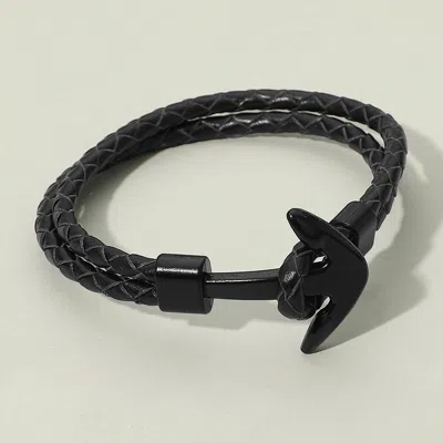 Fashnzfab Mens Genuine Leather Braided Anchor Clasp Bracelet Black