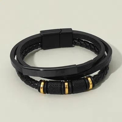 Fashnzfab Mens Metal Accent Braided Smooth Genuine Leather Magnetic Bracelet Black, Gold In Multi