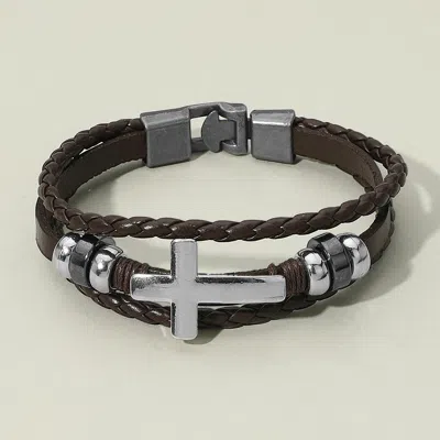 Fashnzfab Mens Metal Cross Ball Beaded Genuine Leather Bracelet Brown